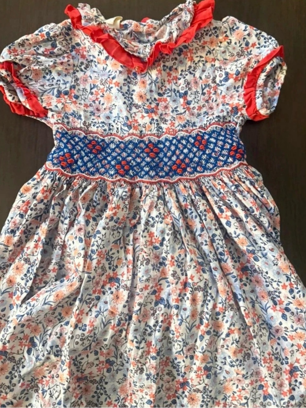 Floral Smocked Casual Dress for Girls in Blue & Coral